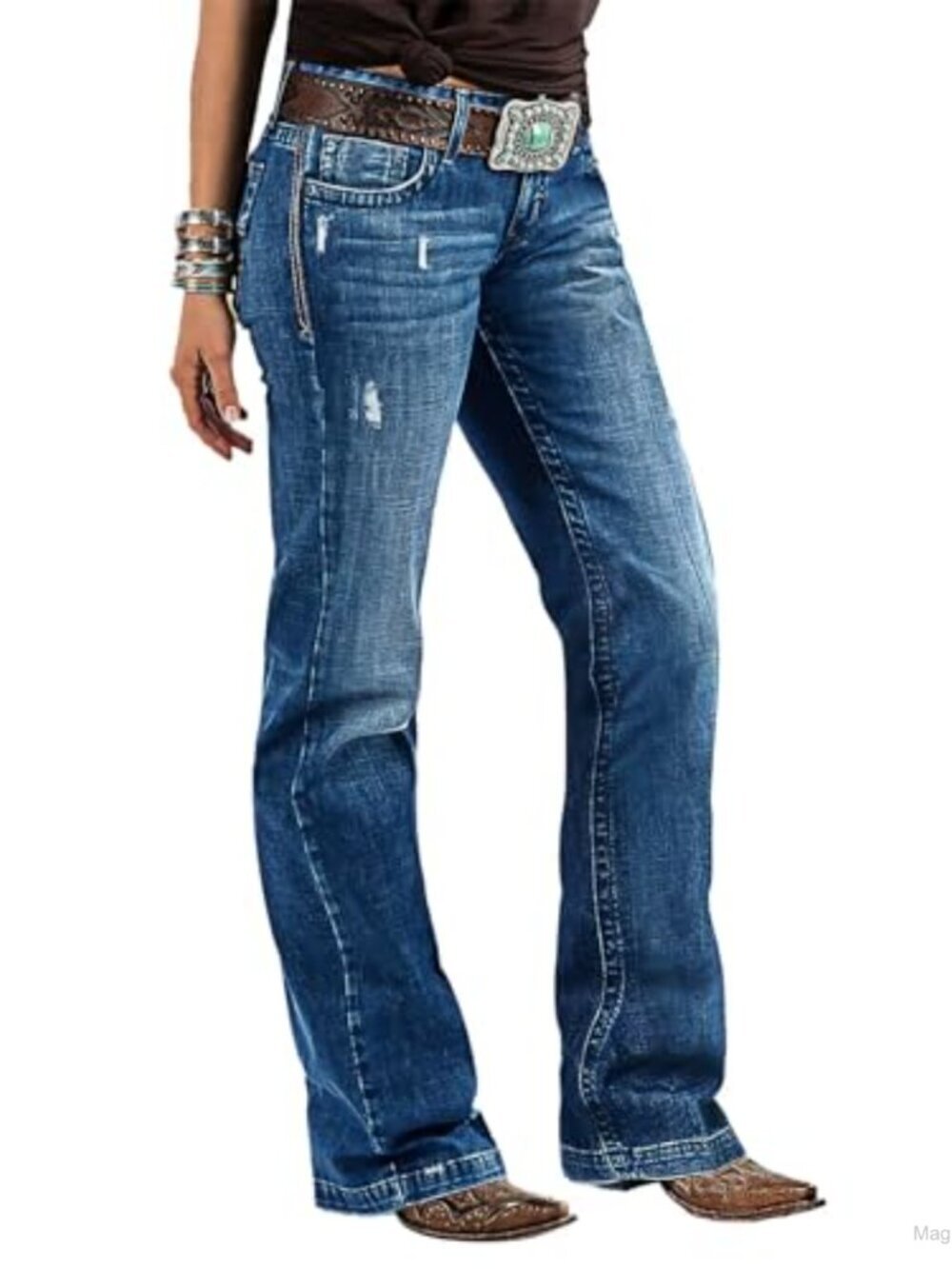 Mid Rise Distressed Bootcut Flare Jeans, High Stretch, Ripped Details,